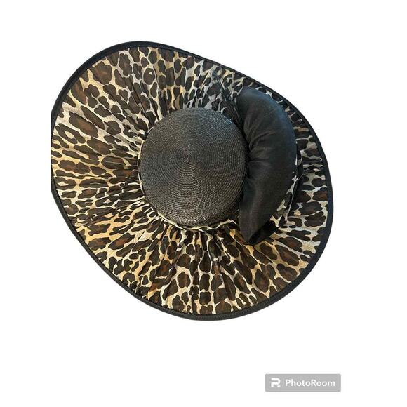 SYLVIA OF NEW YORK  LEOPARD PRINT WIDE PLEATED BRIM HAT main image 3